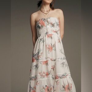 strapless twofer pleated midi dress Anthropologie Strapless Pleated Column Midi Dress